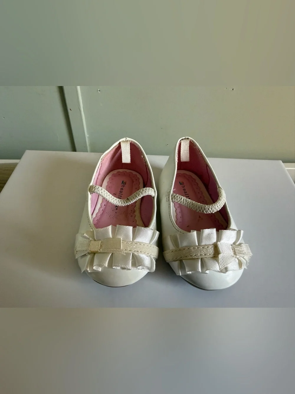 healthtex White Girls' Dress Flats with Pink Interior and Bow